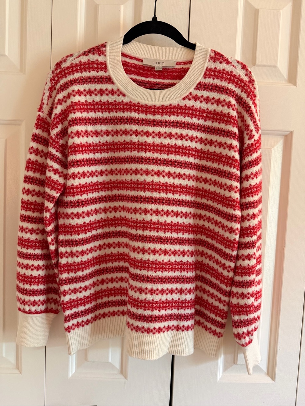 LOFT Red & White Striped Fair Isle Crewneck Sweater